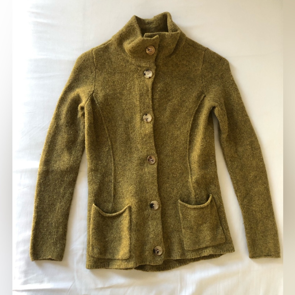 Eileen Fisher Moss Green Button-Front Wool & Cashmere Blend Cardigan